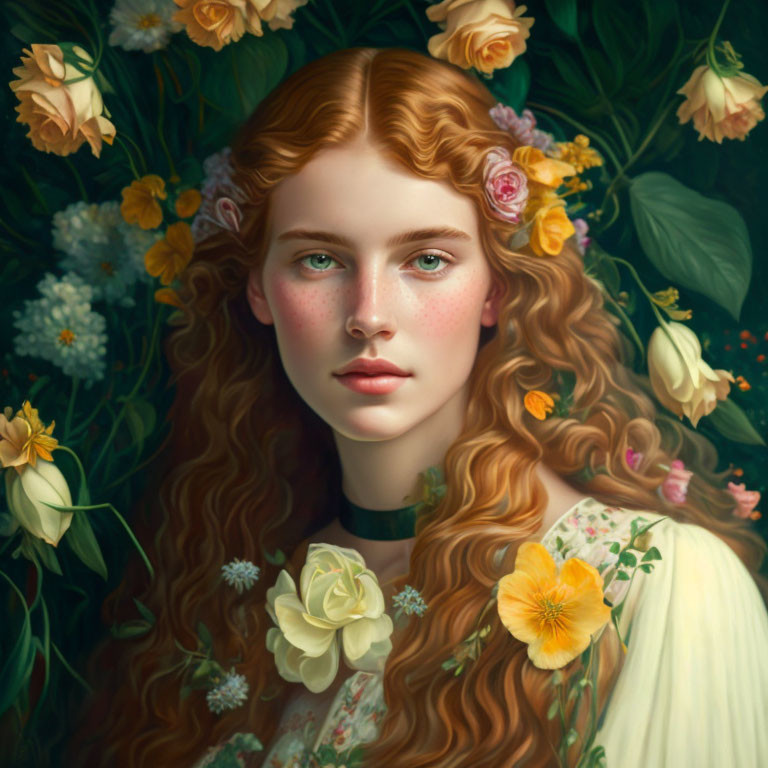 Woman with Long Curly Red Hair in Lush Greenery and Flowers