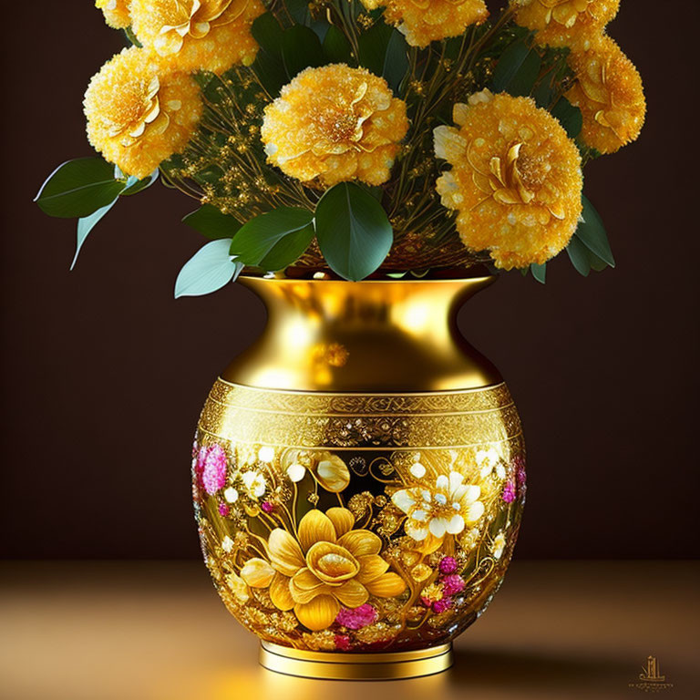 Gold ornate vase with floral patterns holding yellow flowers on brown background