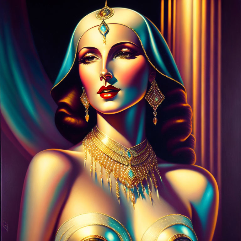 Art Deco-inspired woman with golden jewelry on deep background