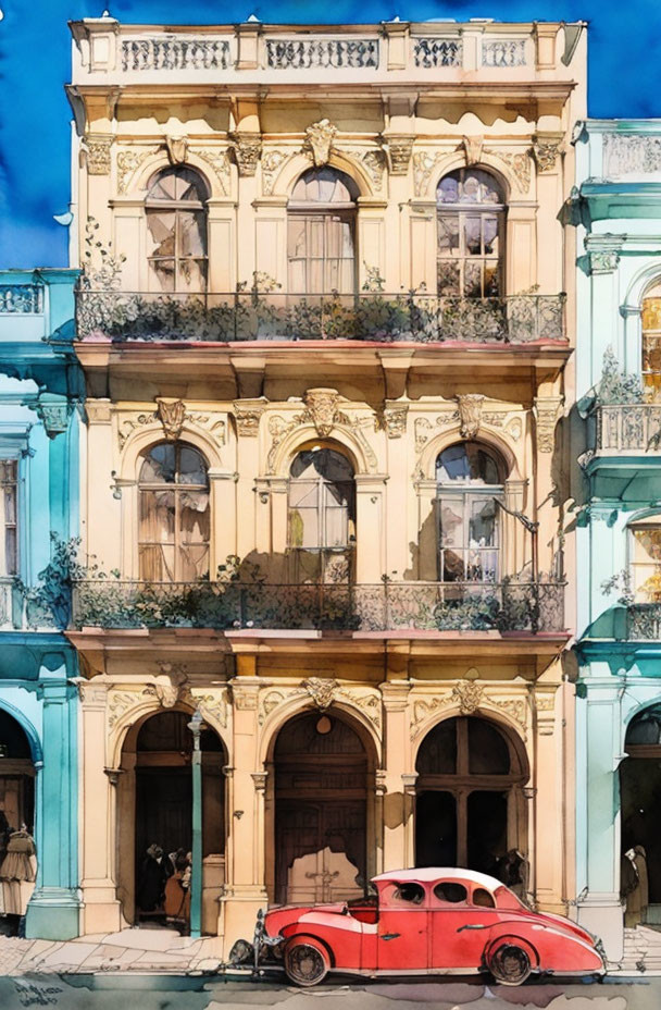 Vintage Building with Ornate Architecture, Balconies, Classic Car, and People