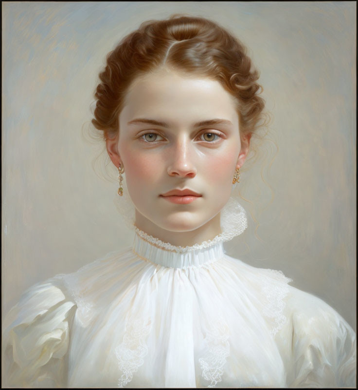 Young woman with blue eyes in white lace dress and gold earrings.