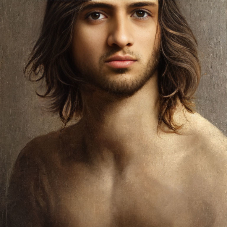 Young man portrait with neutral expression and long hair.