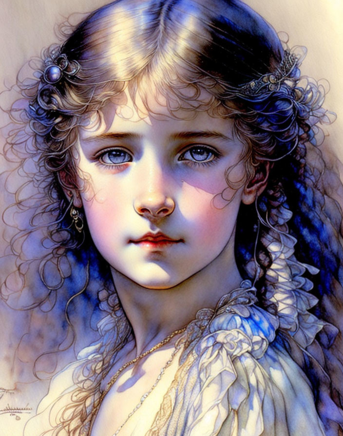 Detailed Illustration: Young Girl with Curly Hair, Blue Eyes, Pearl Hairpiece, White Gar