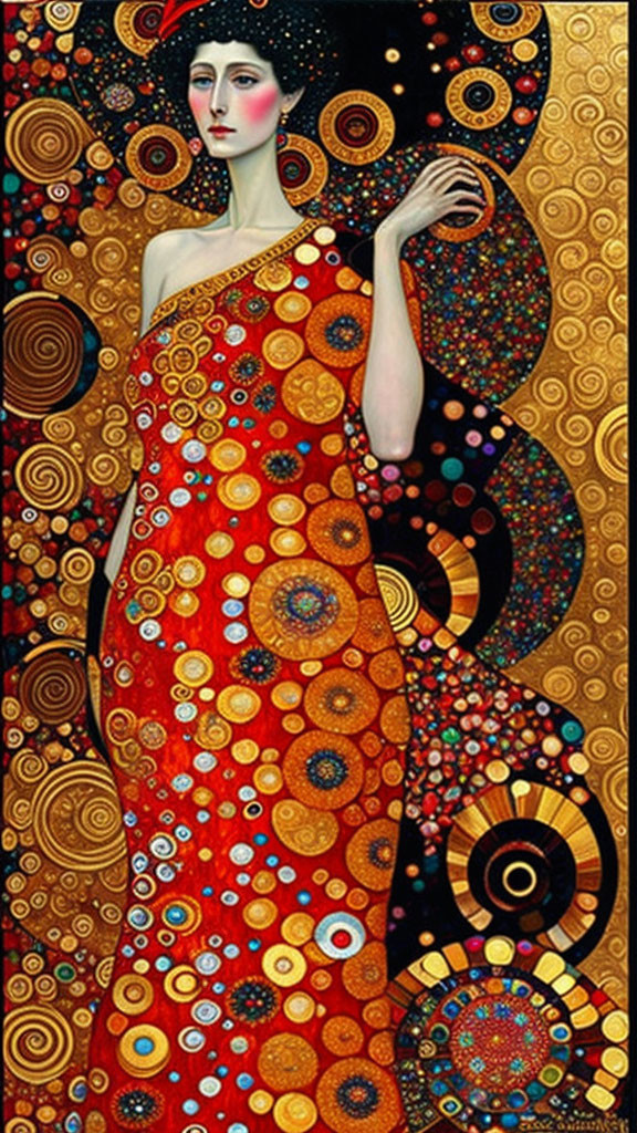 Vibrant red dress painting with cosmic background