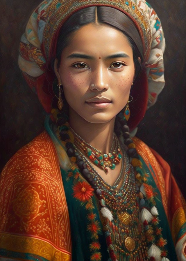 Traditional attire portrait of woman with colorful headdress and ornate jewelry