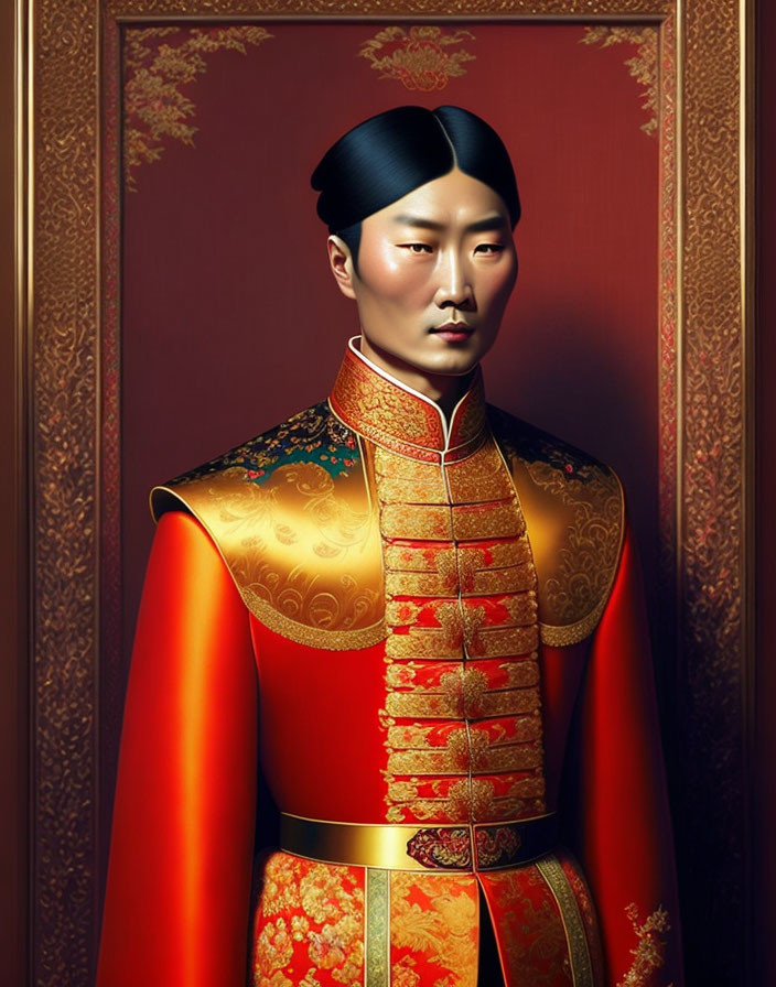 Traditional East Asian Attire Illustration with Red and Gold Robe