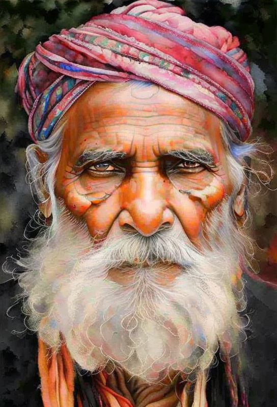 Elderly man with white beard and colorful turban on dark background