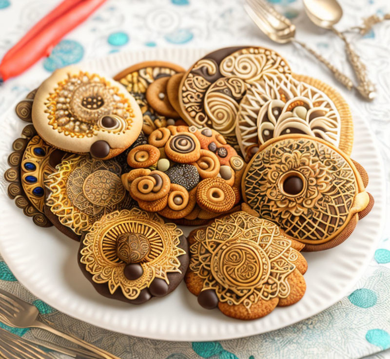 Intricately decorated mandala-inspired cookies on vintage table setting