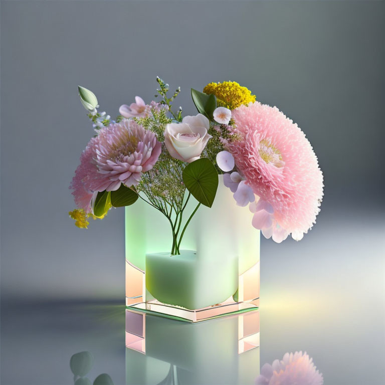 Modern glass vase with pink, white, and yellow flowers on reflective surface