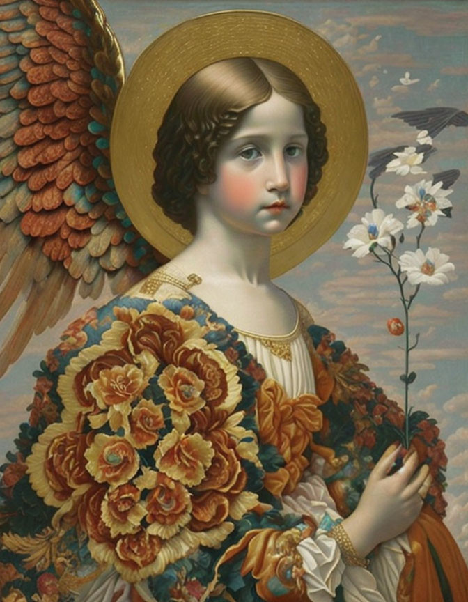 Golden haloed angel in floral robe with white flowers, serene gaze