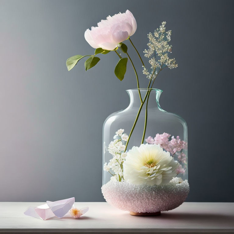 Pink peony, white flowers, pink crystals, and paper boat on table