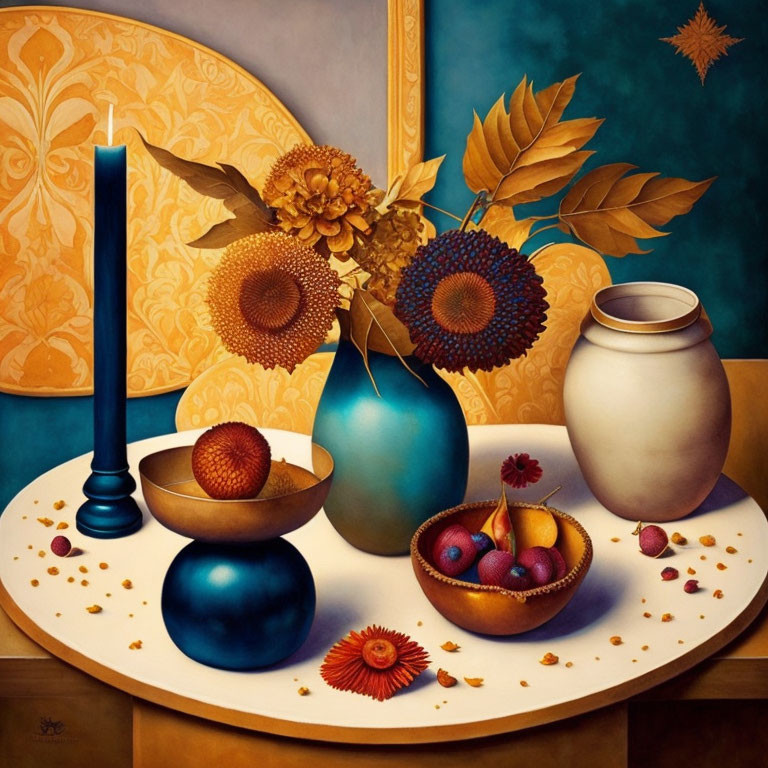 Vibrant sunflowers, blue candle, fruits, and pottery on warm backdrop.