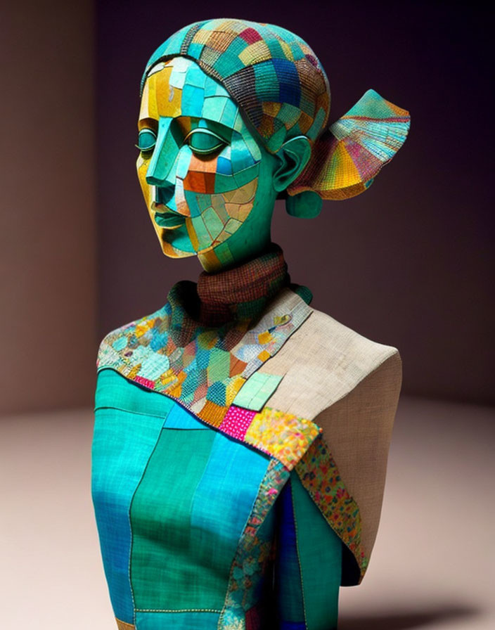 Vibrant geometric-patterned bust sculpture with patchwork design in turquoise, yellow, green hues