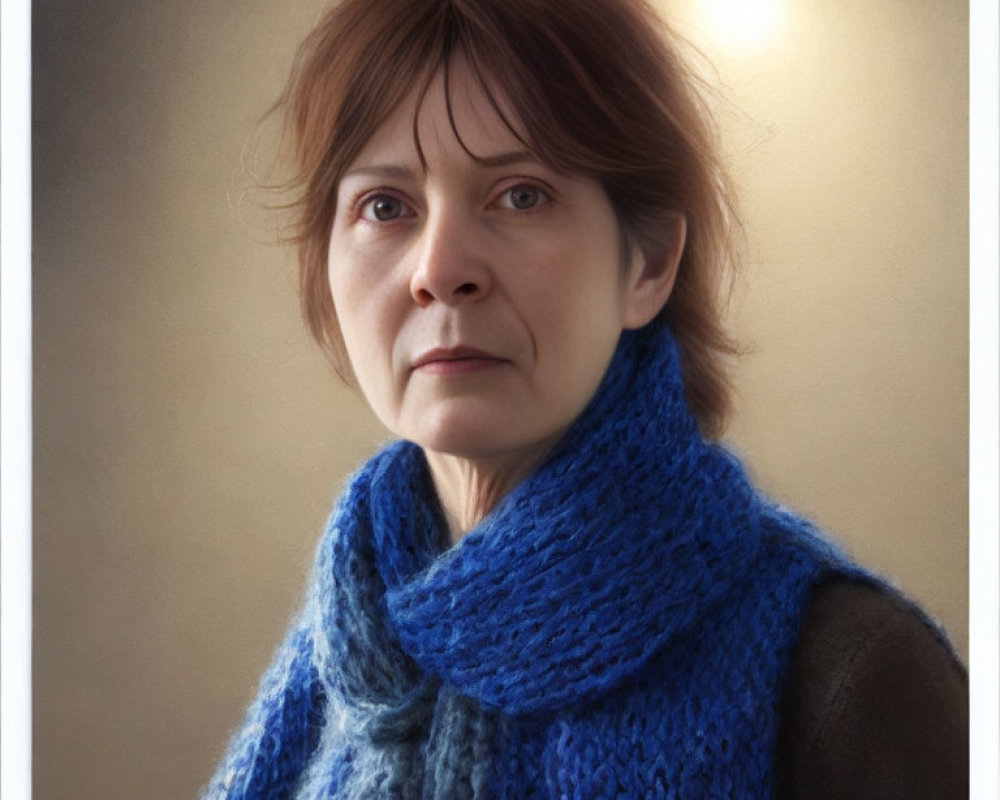 Middle-aged woman with short brown hair in blue scarf under soft light