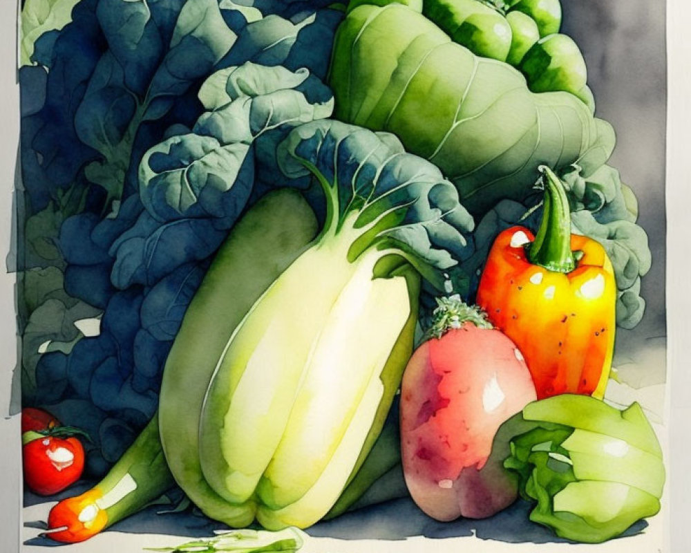 Colorful Watercolor Painting of Various Vegetables with Realistic Shading