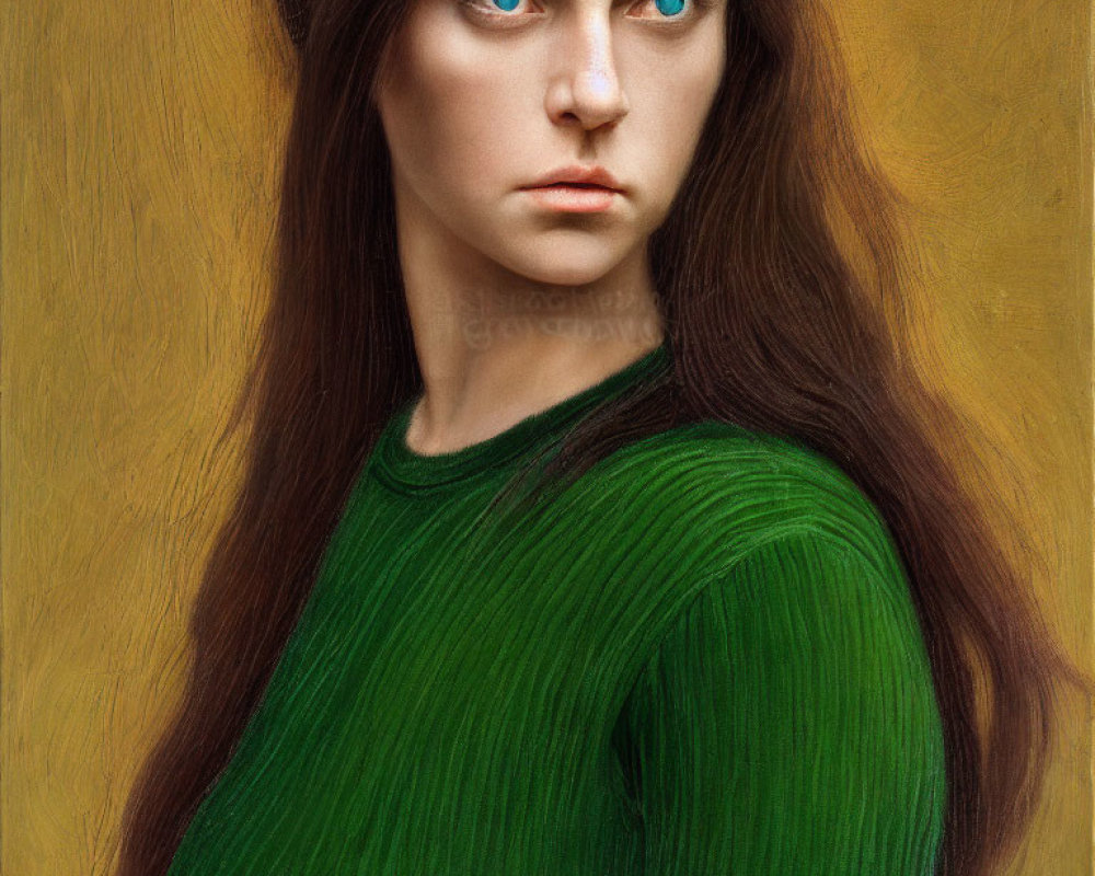 Portrait of a person with blue eyes and brown hair in green top on golden backdrop