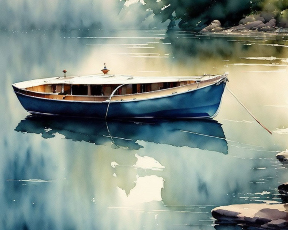 Tranquil watercolor painting of blue rowboat on calm lake