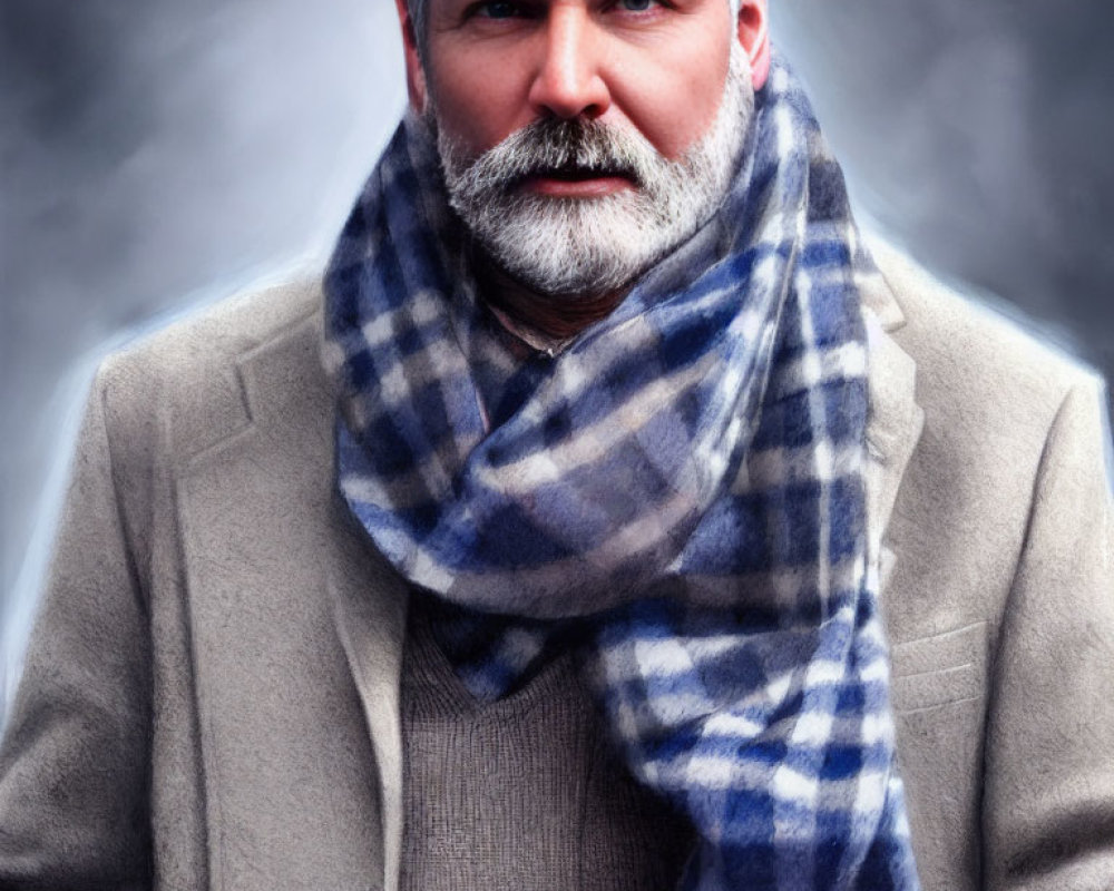 Elderly Man Portrait in Coat and Checkered Scarf on Foggy Background