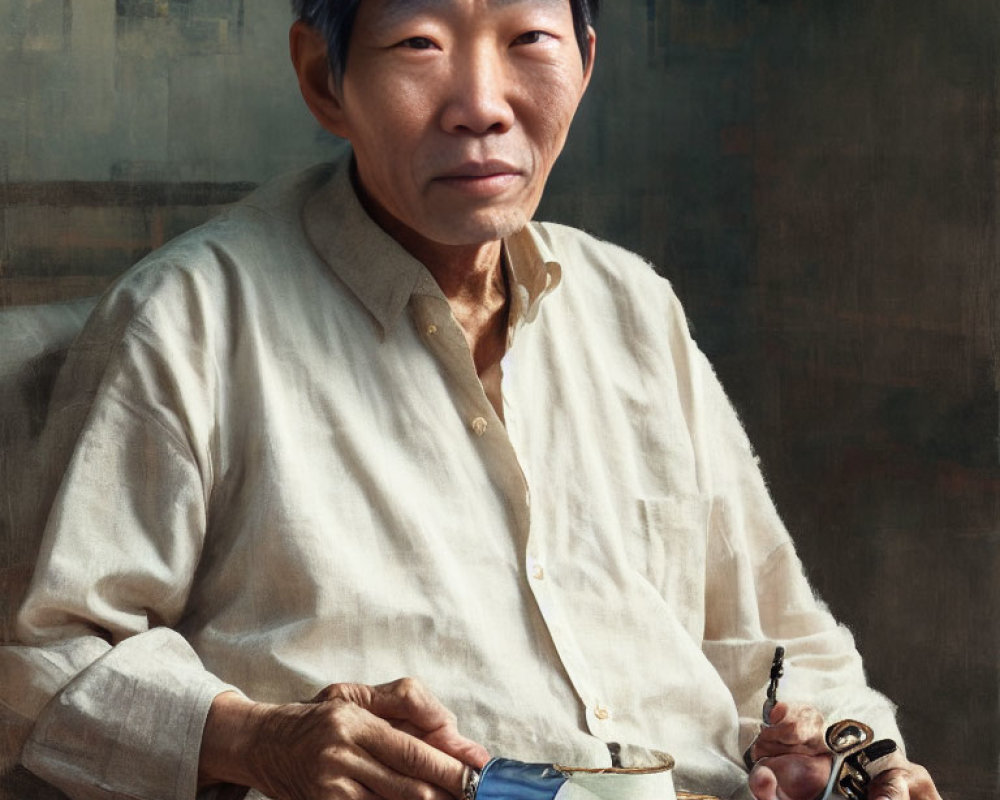 Elderly Asian man with short gray hair in cream shirt holding brush and ink stone