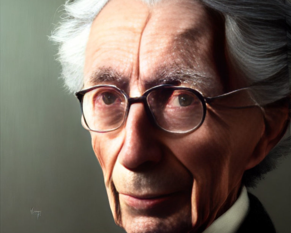 Elderly man in black suit with white hair and glasses in thoughtful gaze