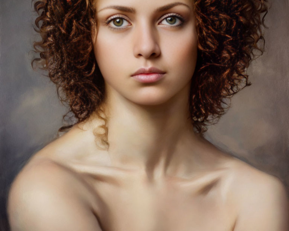 Portrait of woman with curly hair and fair complexion against neutral background