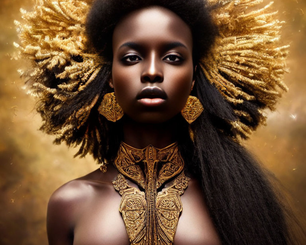 Striking dark-skinned woman with large afro and golden jewelry in warm setting