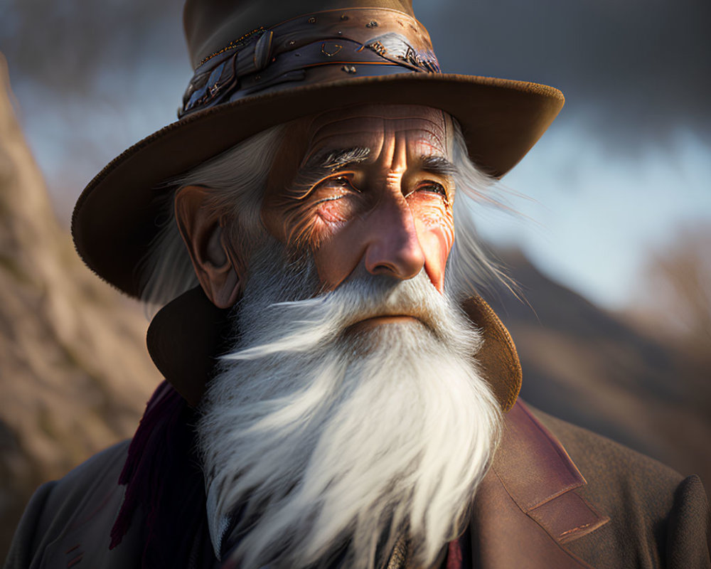 Elderly man with white beard and hat in reflective pose against blurred nature background