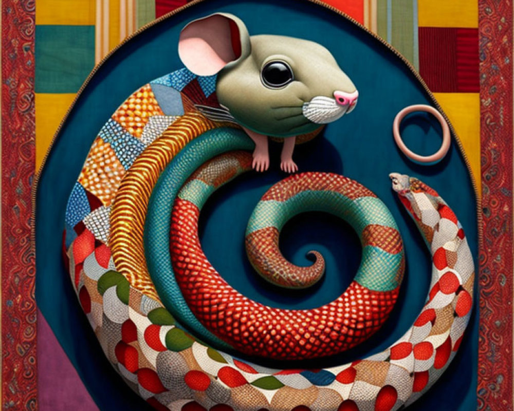 Colorful Illustration of Mouse on Patchwork Snake with Fabric Strips