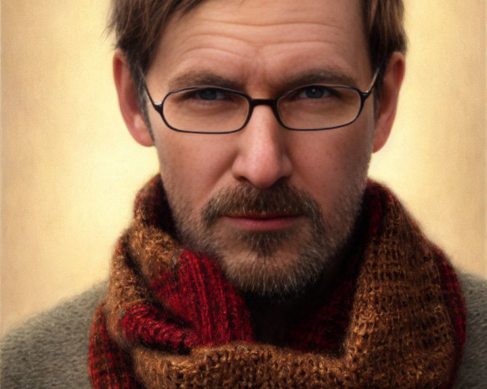 Bearded man in glasses with scarf.