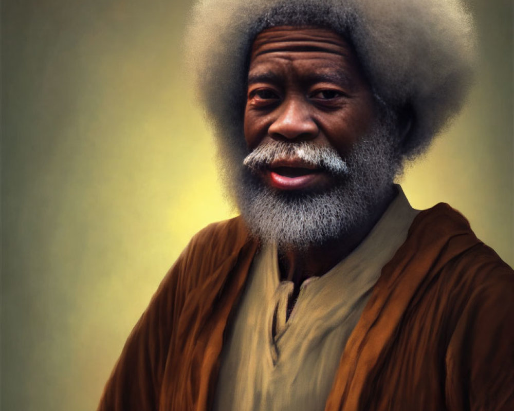 Elderly man with white beard and afro hairstyle in brown shirt