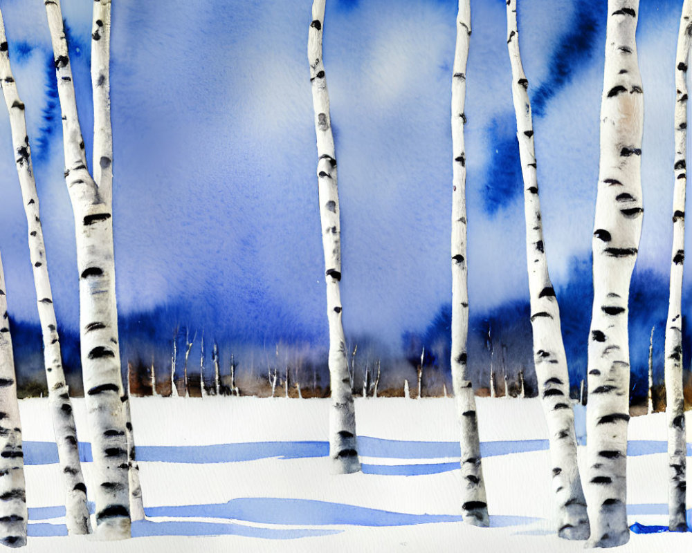 Snowy birch forest watercolor painting with white trees and black markings on blue winter sky