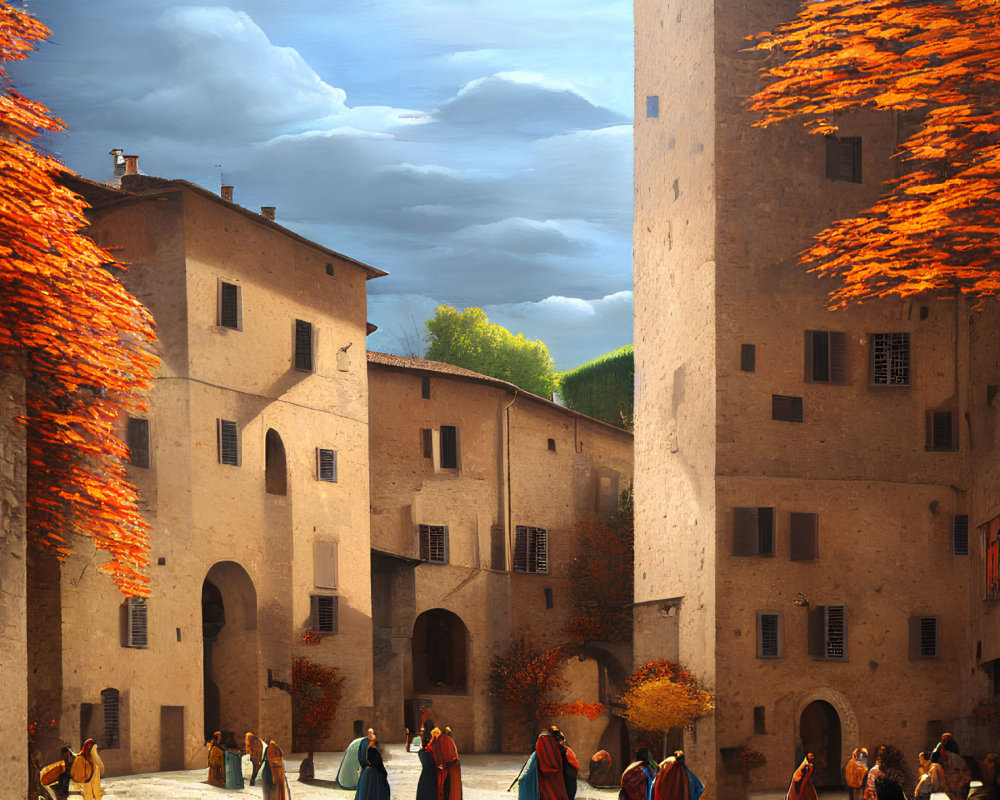 Medieval square with stone buildings, people in period costumes, autumn trees, and soft glowing sky