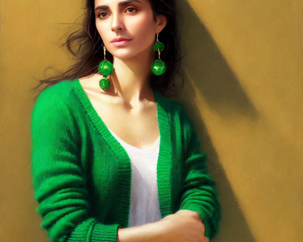 Woman with long dark hair in white top and green cardigan against yellow wall