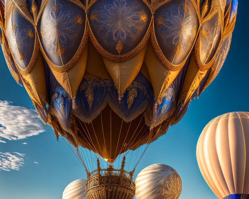 Intricate blue patterned hot air balloon in clear sky