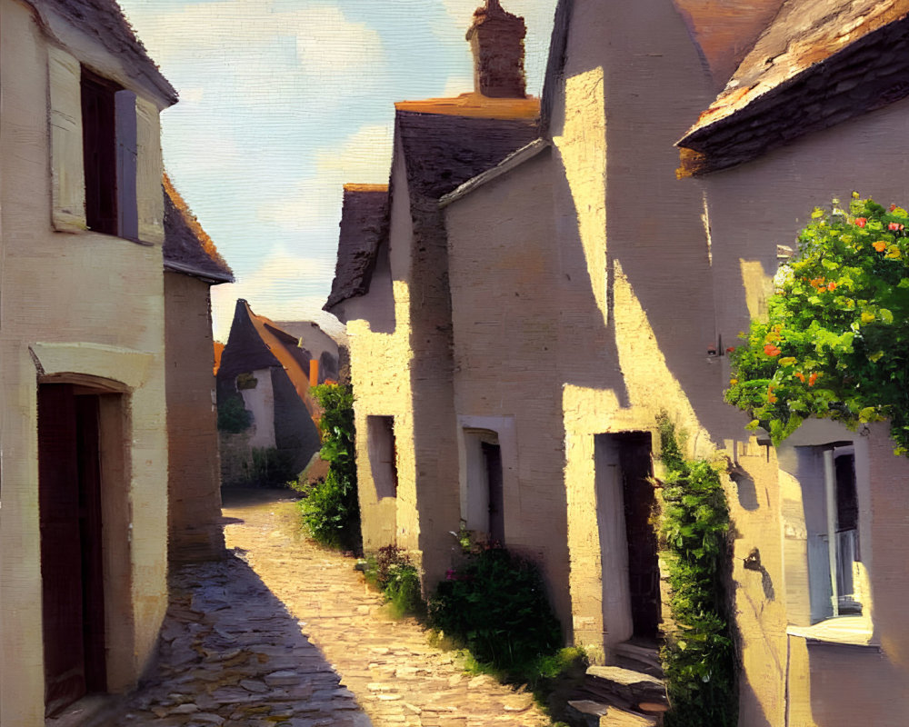 Traditional houses on sunlit cobblestone street with lush greenery