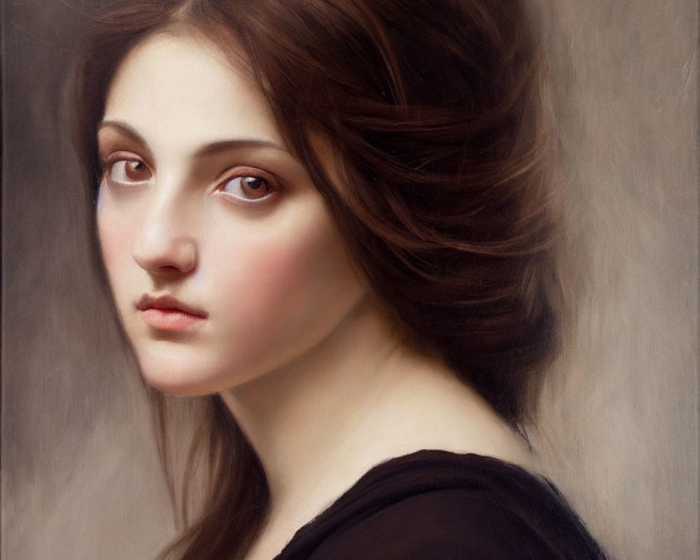 Portrait of young woman with brown hair and expressive eyes.