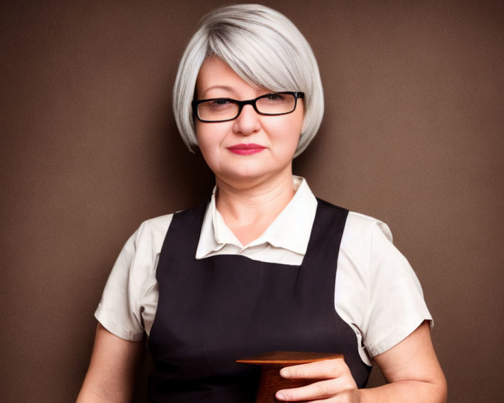 Silver-haired woman in glasses smiles holding wooden object on brown background