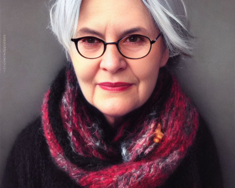 Elderly Woman Portrait with Grey Hair, Glasses, Black Top, and Colorful Scarf