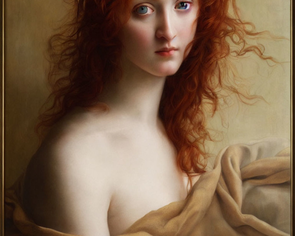 Portrait of Woman with Vibrant Red Hair and Golden Fabric on Muted Background