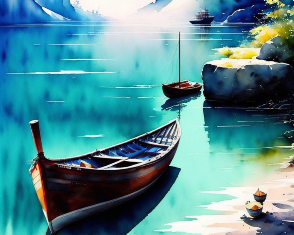 Scenic watercolor painting of serene lake with boats, blue mountains, and yellow blooms