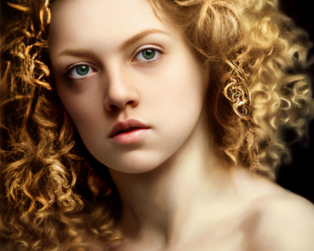 Blonde Curly-Haired Woman with Green Eyes on Dark Background