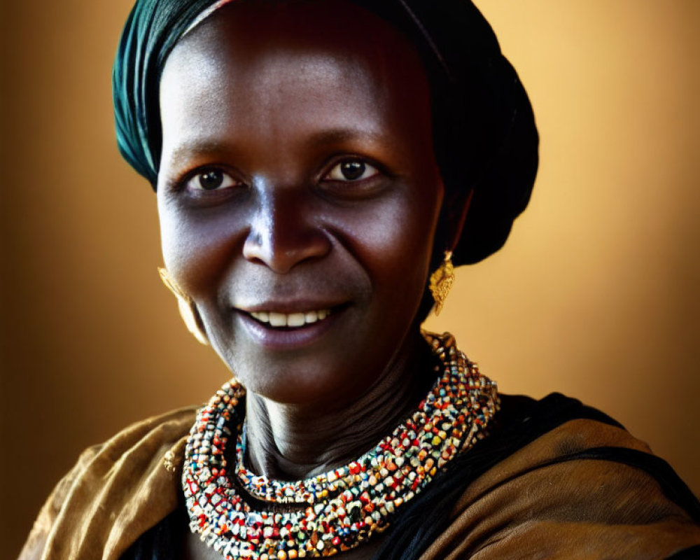 Smiling woman with headscarf, earrings, and beaded necklace on warm background