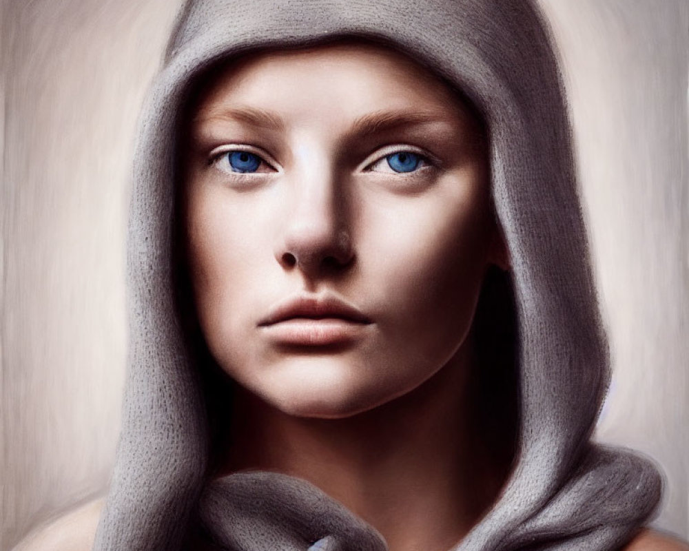 Portrait of Woman with Striking Blue Eyes in Gray Hooded Garment