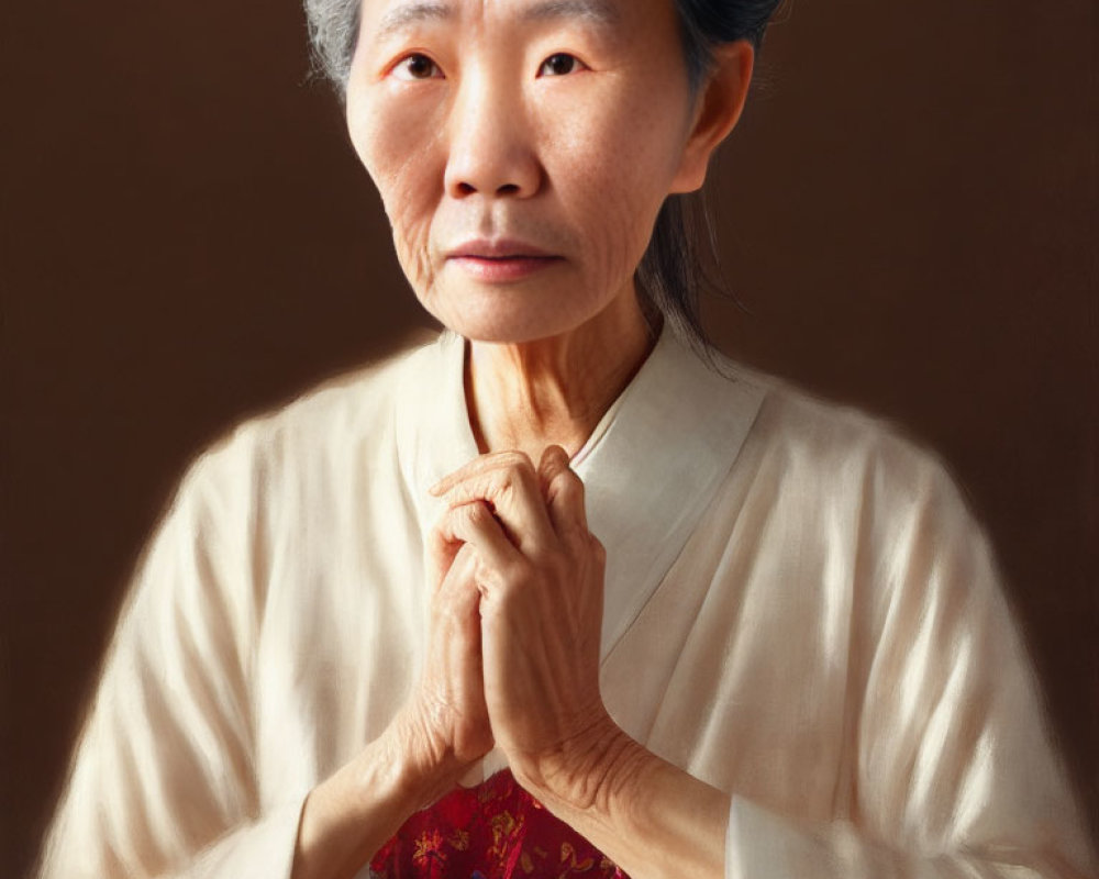 Elderly Asian woman in traditional attire with white hair posing calmly