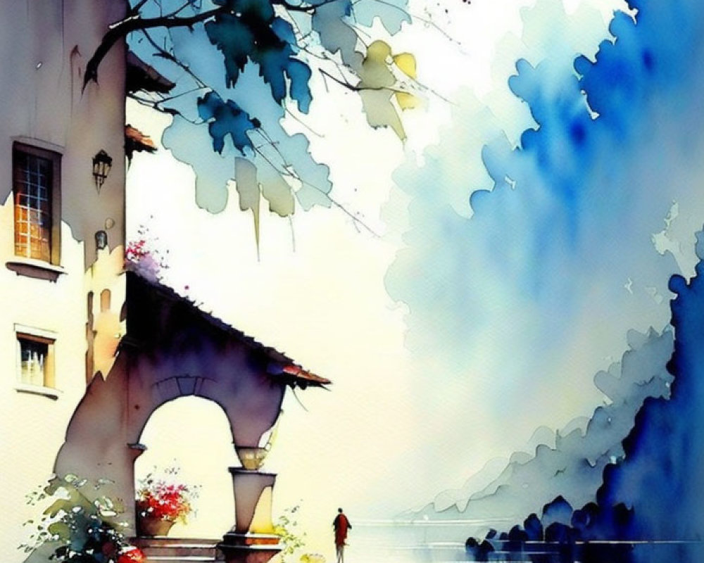 Scenic riverside watercolor with person under archway surrounded by vibrant foliage