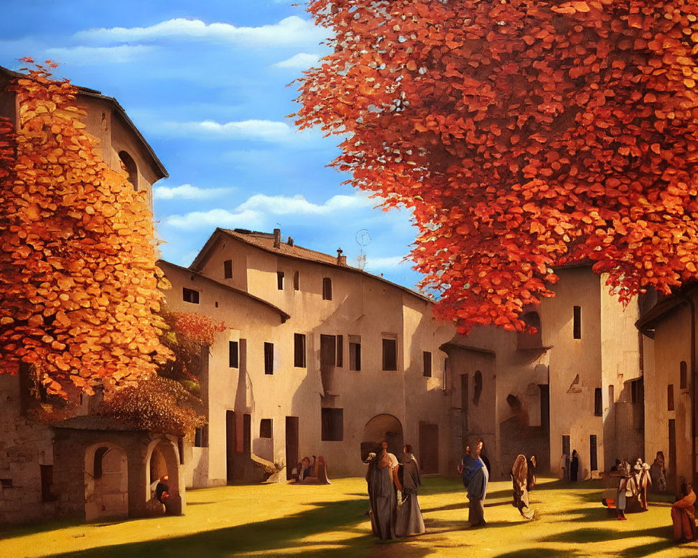 Medieval village scene with people in period clothing under autumn tree