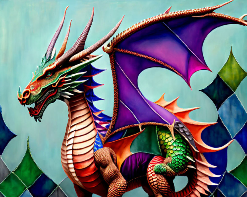 Colorful Majestic Dragon with Multiple Horns and Large Wings on Geometric Background