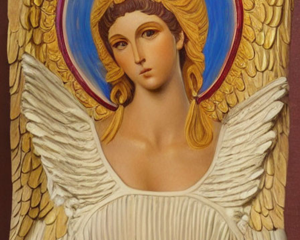 Angel painting: golden hair, blue halo, cream wings, maroon backdrop