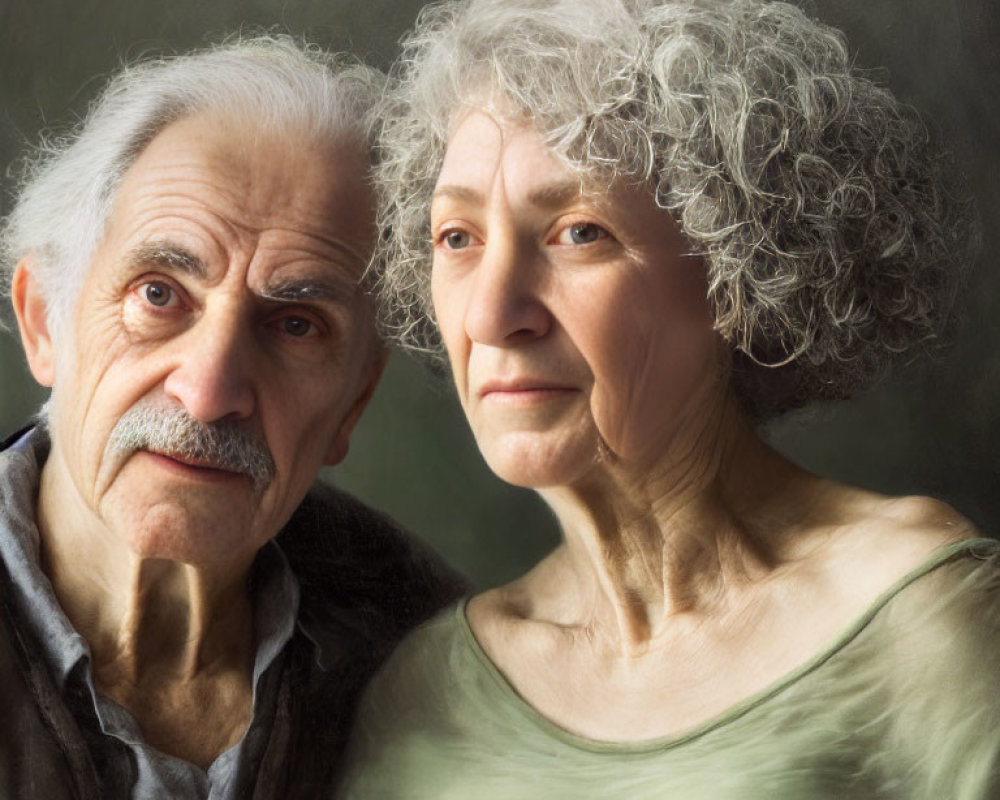 Elderly Couple with Gray Hair in Thoughtful Pose