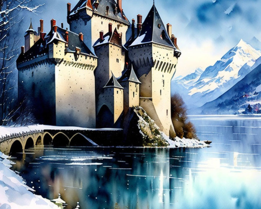 Winter castle with spires by snowy lake and mountains under blue sky